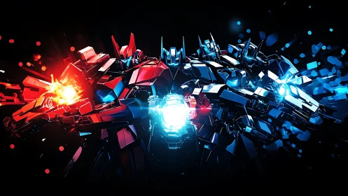 Bold twin mechs blaze forward in neon red and blue light.