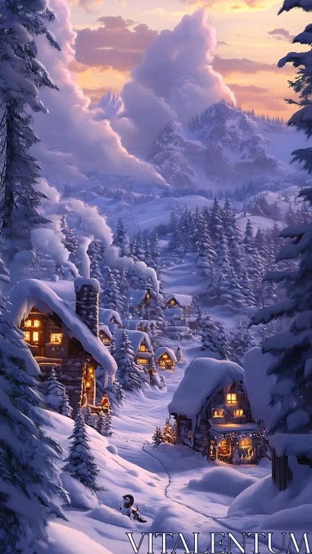 Snowlit cottage valley under ember-tinted mountain skies.