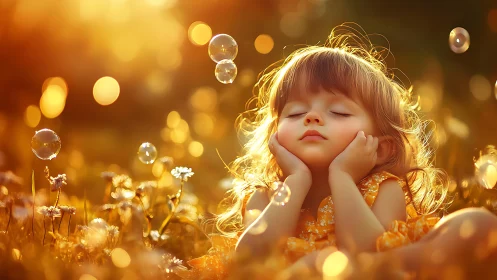 Dreaming Child in Golden Light Wonderland