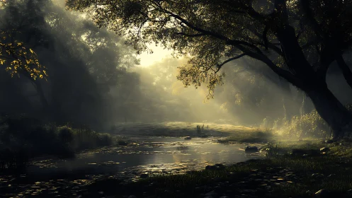 Mystical forest river in cinematic sunrise volumetric light.