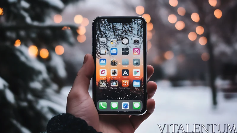 Snowy Winter Scene with iPhone Home Screen Displayed