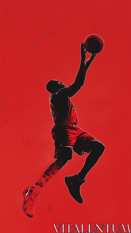 Silhouetted basketball player rises toward rim on red field.