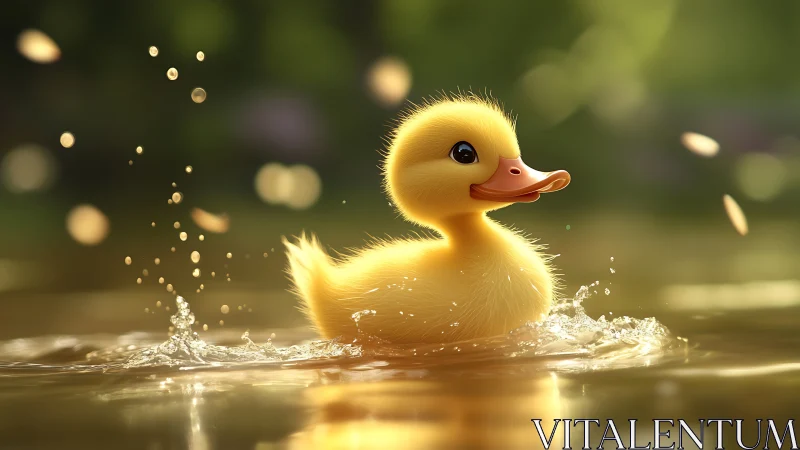 Fluffy yellow duckling splashes in warm golden water.