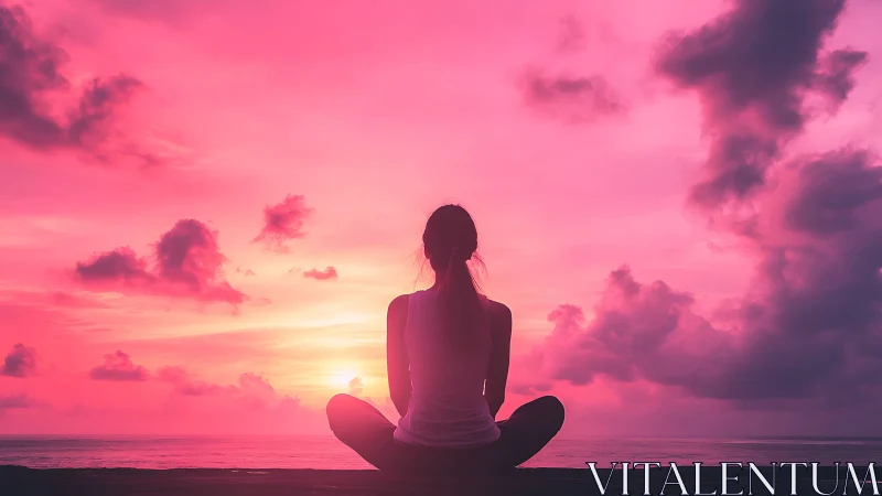 Woman meditates at vivid pink ocean sunset horizon.