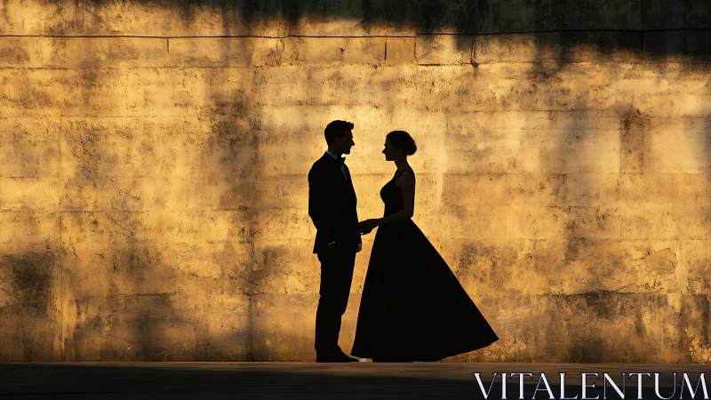Silhouetted couple in evening attire framed by golden textured wall