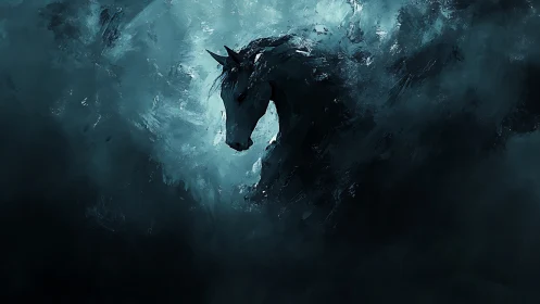 Digital painting of spectral horse emerging from teal void.