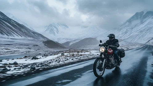 Lone motorcyclist rides through a stark frozen mountain pass