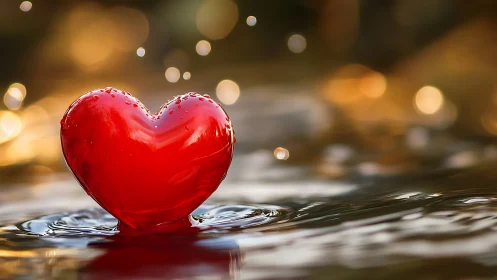 Red heart form positioned on water surface with bokeh background