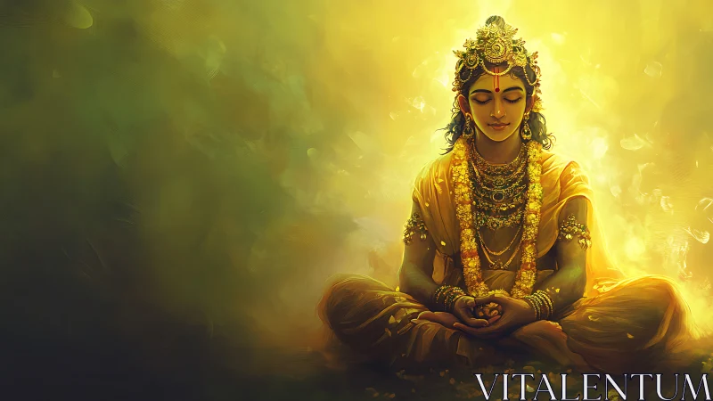 Golden meditative deity seated in radiant ethereal light