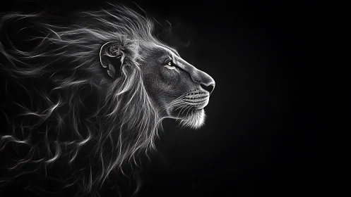 Silver-maned lion inhales moonlight and exhales quiet thunder
