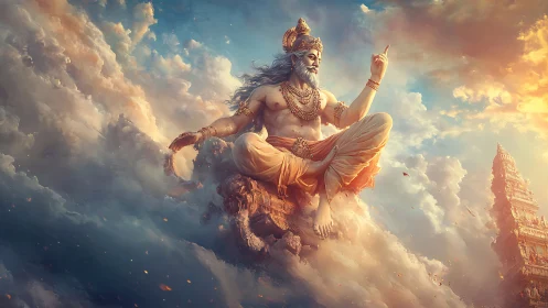 Celestial sage in dynamic cloud stratum with radiant temple vista.