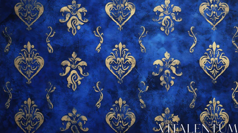 Royal blue damask pattern with textured gold flourishes.