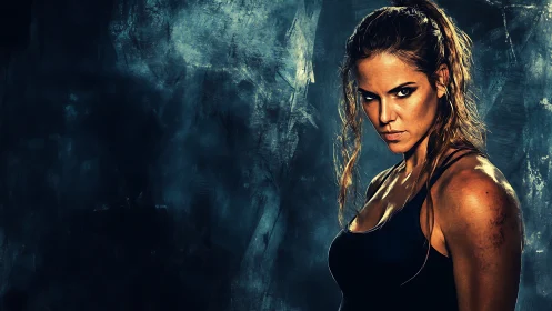 Fierce warrior glow against textured midnight storm walls.