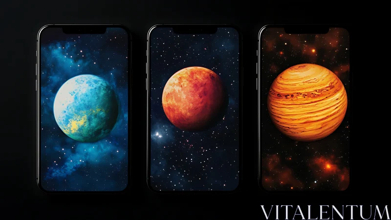 Three smartphones display digitally rendered planetary scenes