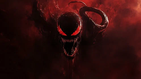 Sinister red symbiote head with glowing eyes and fangs.