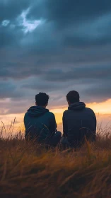 Photorealistic dusk portrait of two figures in field silhouettes.