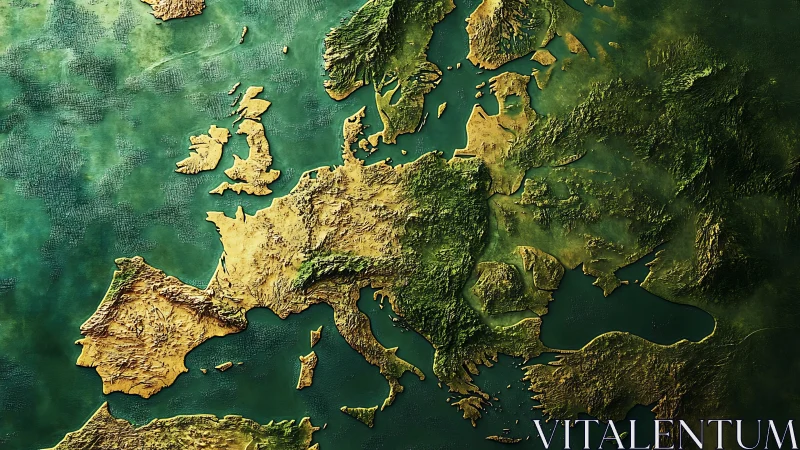 Textured relief map of Europe glows with golden terrain.