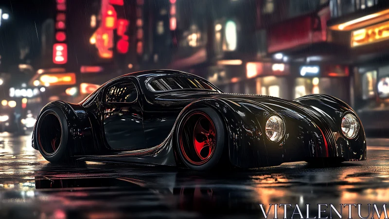 Retro-futurist black coupe glows in neon-soaked rain city.