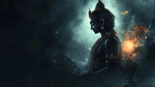 Celestial blue deity meditates within glowing cosmic mist