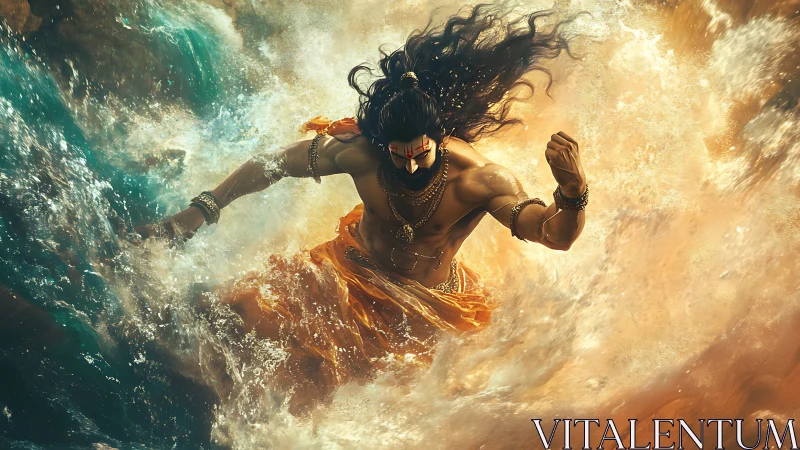 Divine warrior erupting through crashing ocean waves.
