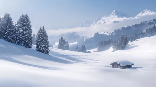 Snow-covered alpine valley shows cabins, conifers and peaks
