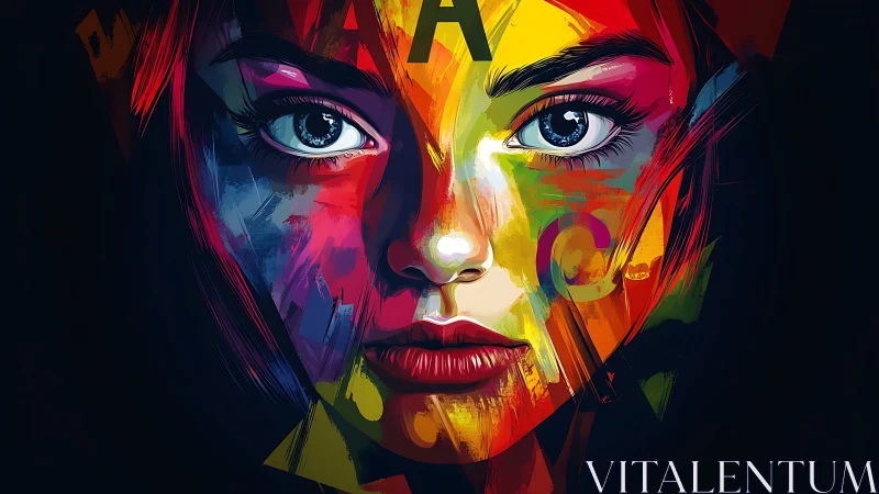 Chromatic portrait of a woman in bold geometric shards.