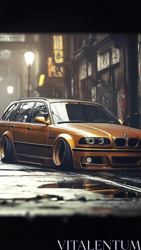 Golden city wagon resting low on a rainwashed street.