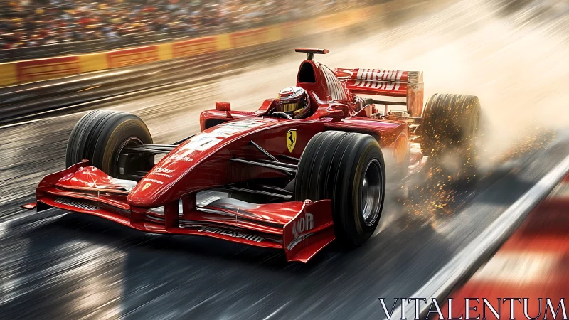 High-downforce Formula 1 car under heavy acceleration on wet track