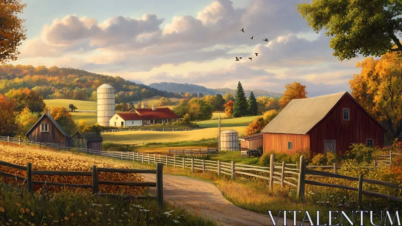 Golden hour rural farmstead with red barns and silos.