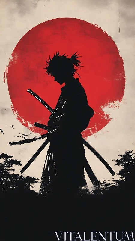 Lone samurai silhouette stands before bold red sun circle