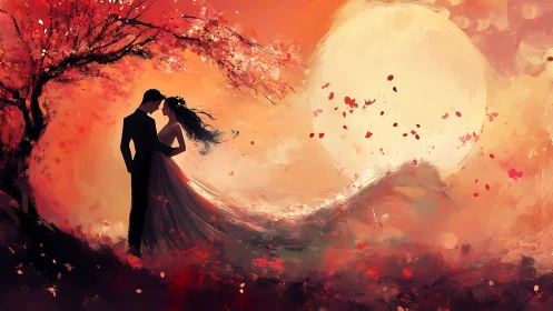 Silhouetted couple dancing beneath glowing moon among autumn leaves