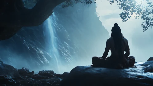 Meditating ascetic silhouette before misted blue waterfall