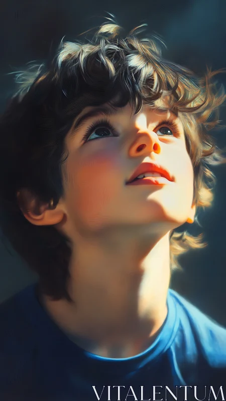 Young figure gazes upward in dramatic golden-hour light