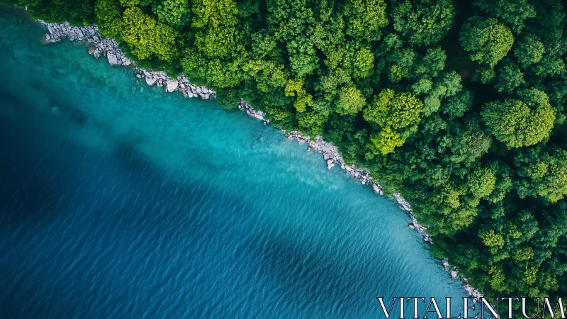 Forested Coastline with Rocky Shore and Turquoise Water.