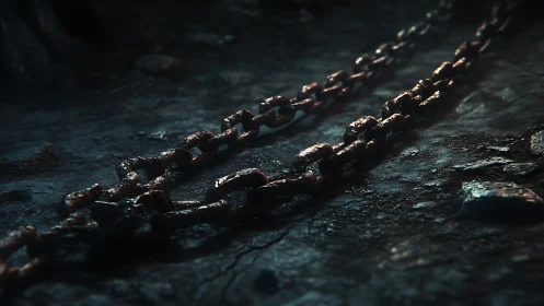 Corroded steel chains rest on wet ground with cinematic depth