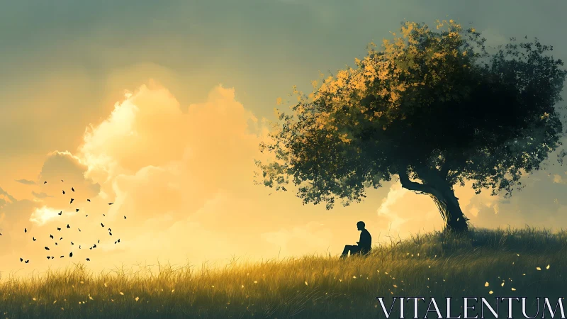 Silhouette of person reading under a lone tree at sunset