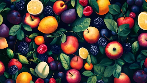 Luminous orchard fruits scattered over deep green foliage.