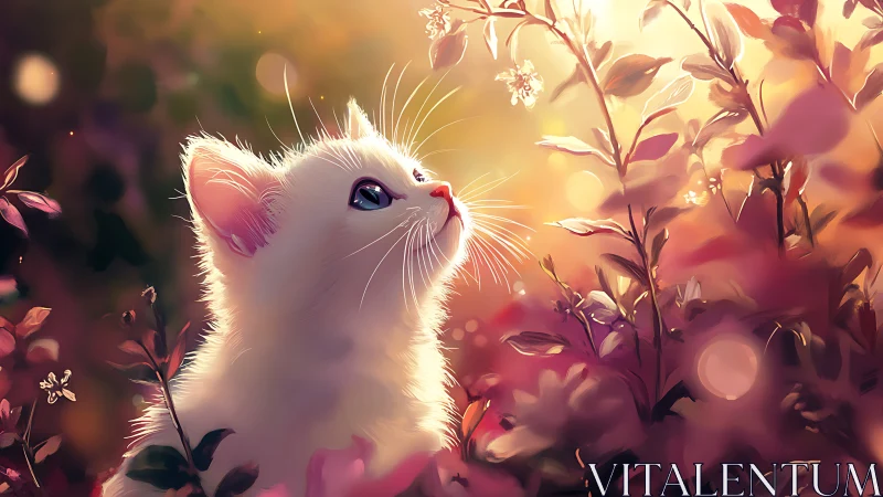 White feline positioned among flora with warm atmospheric lighting.