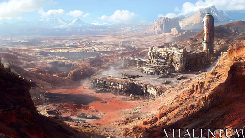 Industrial facility within arid red canyon landscape on Mars.