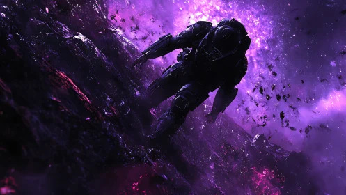 Armored astronaut strides across erupting violet asteroid field