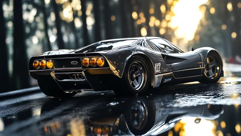 Midnight racer glides through wet forest light like molten chrome