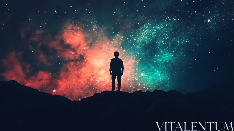 Silhouette of lone figure against vivid star-filled nebula.