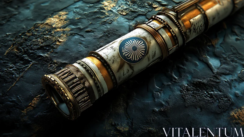 Steampunk brass telescope on textured blue stone surface.