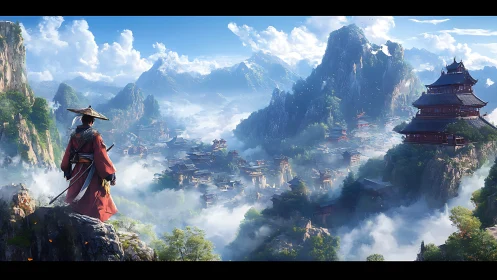 Robe-clad figure observing expansive mountain temple valley.