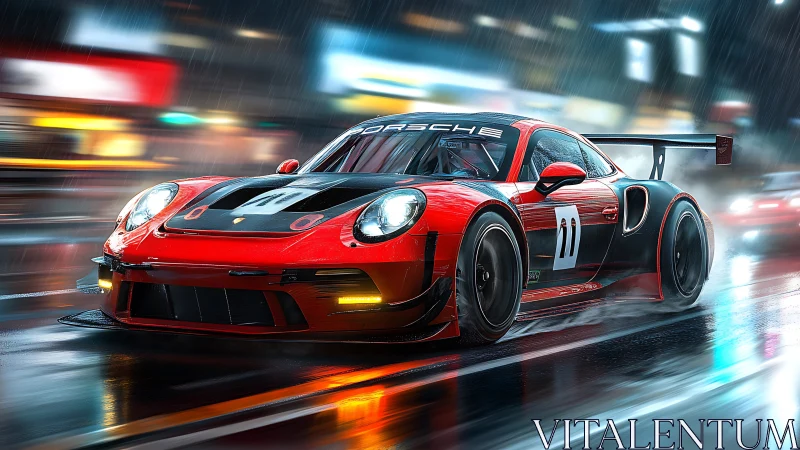 Red Porsche race car speeding through wet neon city street.