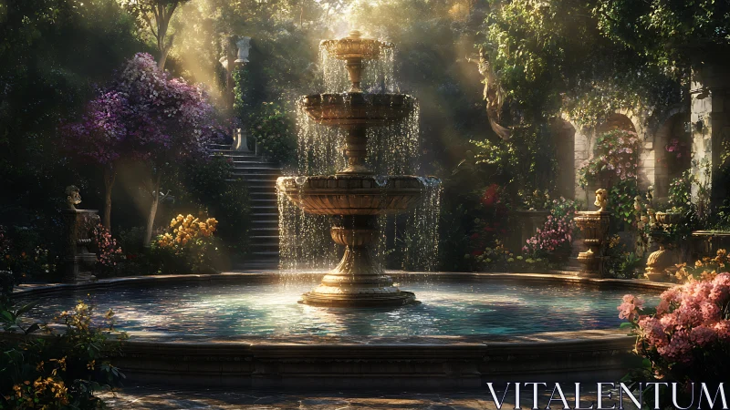 Sunlit fountain serenade in a secret blooming courtyard.