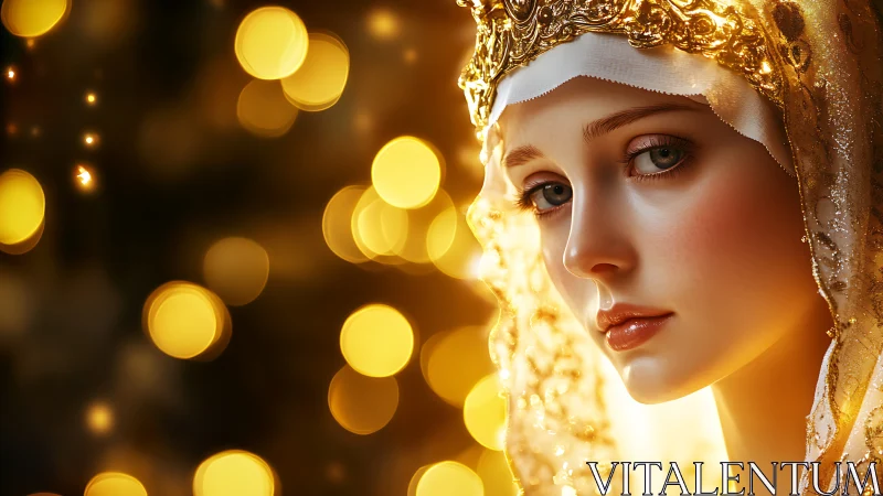 Portrait of veiled woman with ornate crown and golden bokeh.