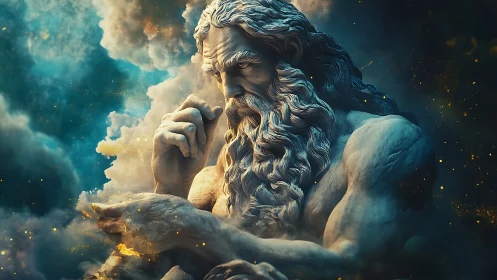Storm-lit marble god in cosmic cloudscape broods in thought.