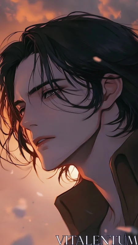 Brooding dusk wanderer framed in emberlit anime skies.