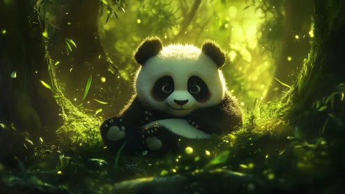 Adorable baby panda rests in glowing enchanted forest scene.